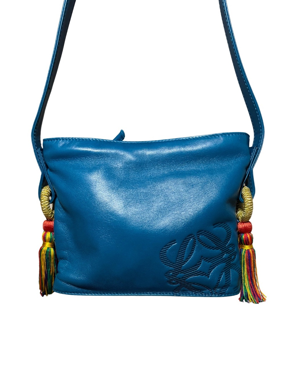 LOEWE Vintage Blue Leather Anagram Shoulder Crossbody Bag Multicolor Tassels Ex+